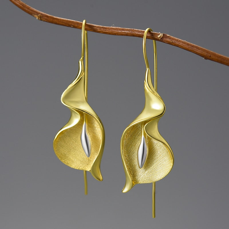 Lotus Fun 18K Gold Long Hanging New Calla Lily Flower Dangle Earrings
